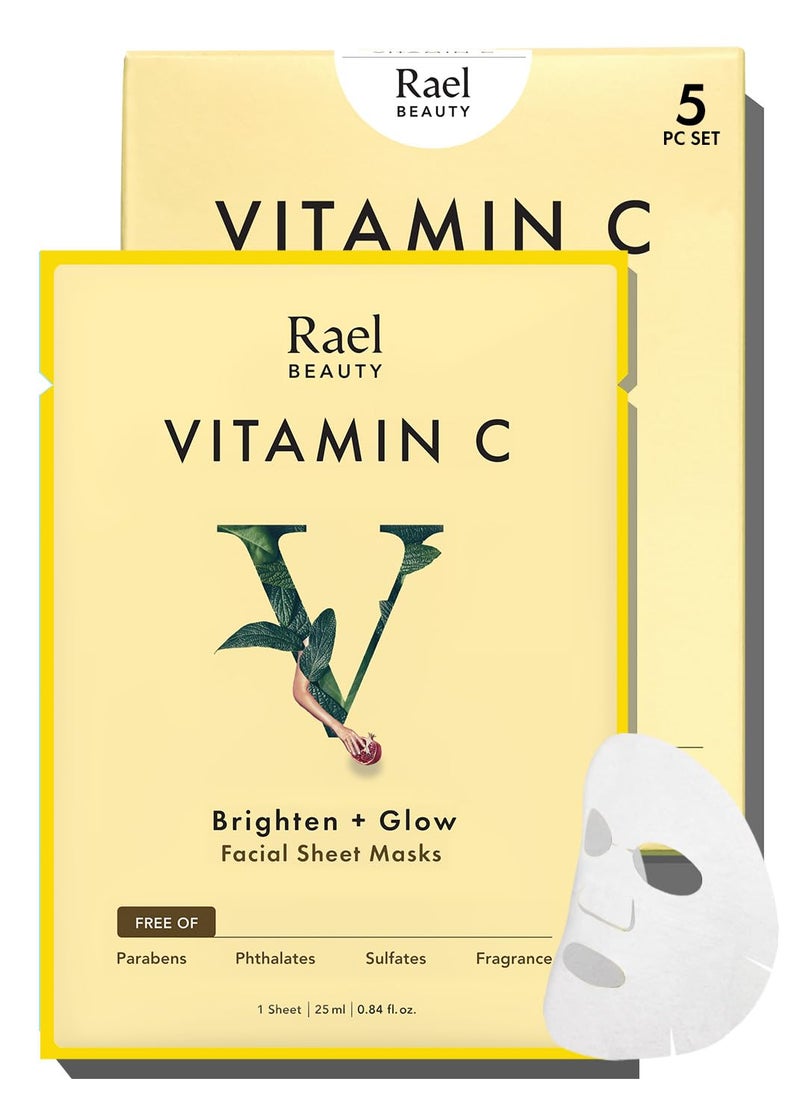 Rael Vitamin C Face Masks â€“ Brighten + Glow with Pomegranate and Citrus Fruit Extract, All Skin Types, Korean Skin Care (5 Count) - Image 1